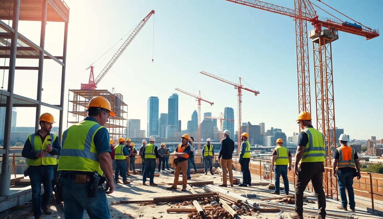 Austin construction team working on a modern site with cranes, showcasing urban development.