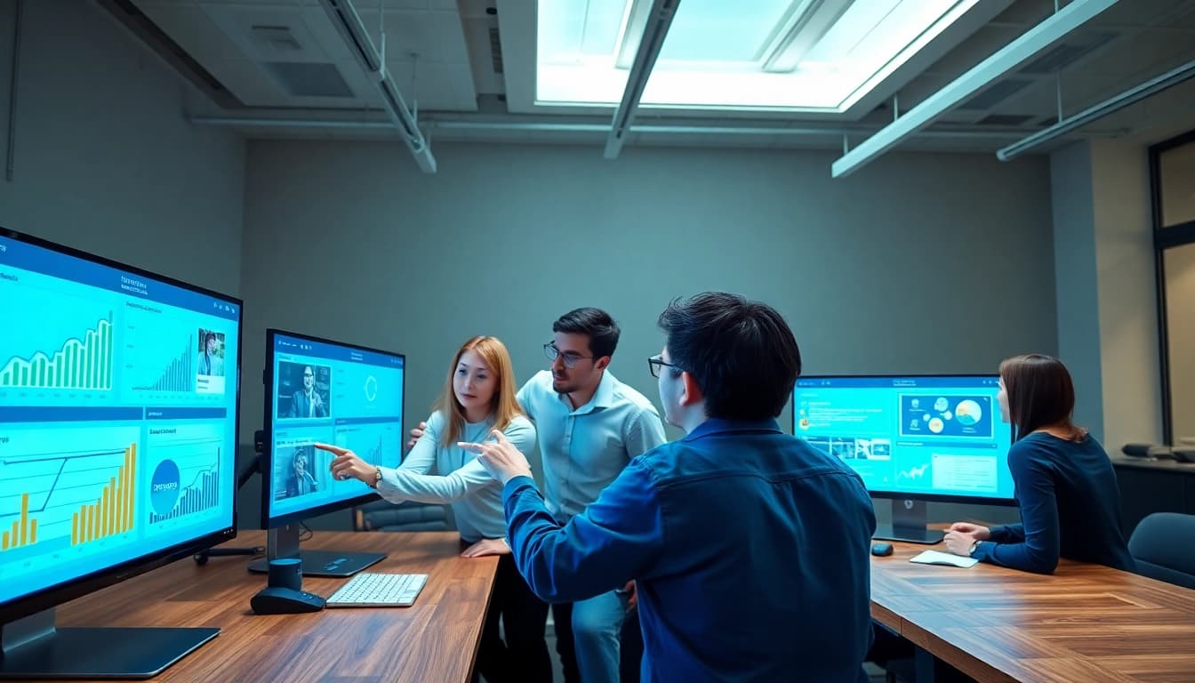 Engaged team utilizing CloudWalk technology in a modern office setting.