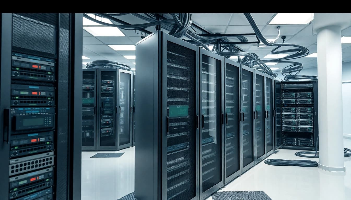 Illustration of network infrastructure showcasing servers and connections in a data center environment.