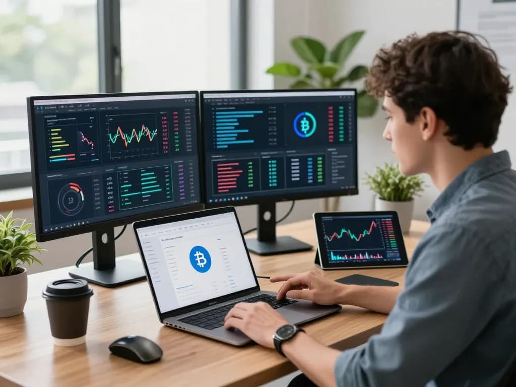 Tech professional examining data on the IODeFi official website in an innovative cloud computing office.