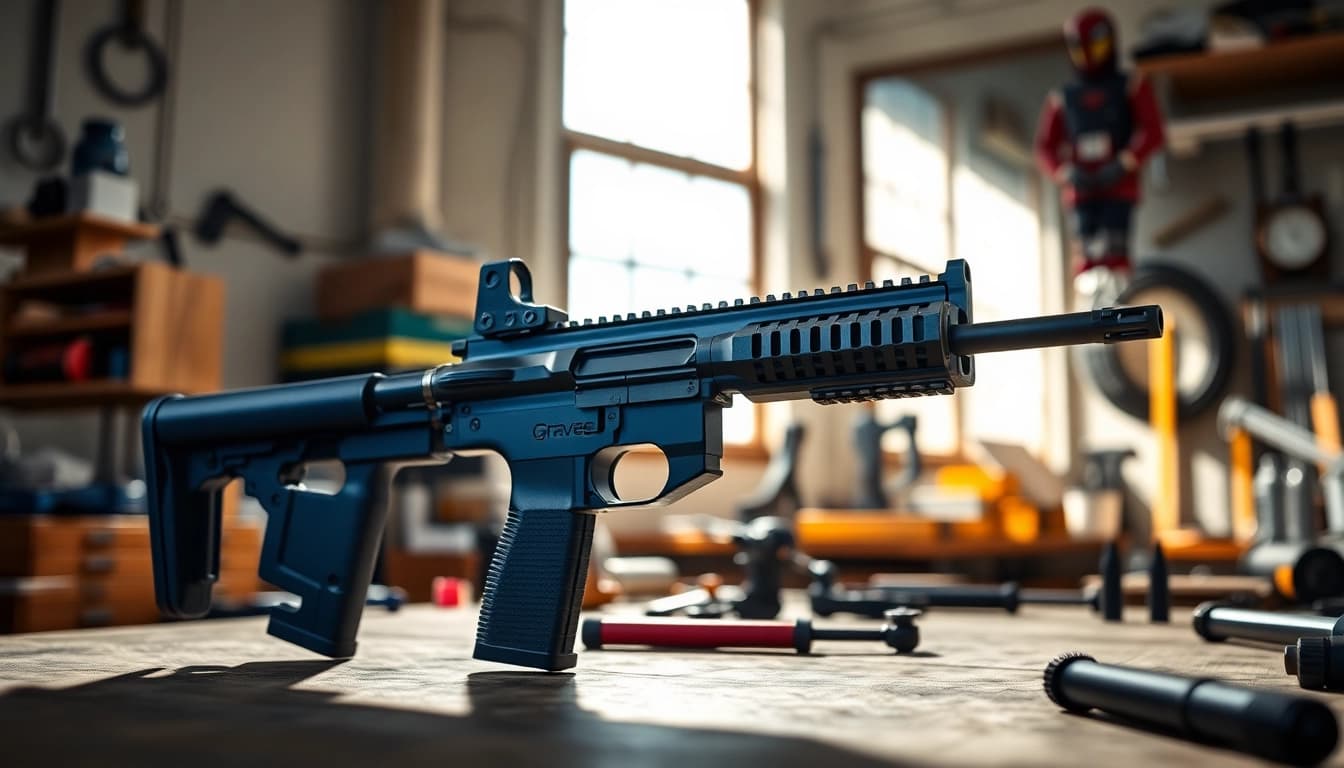 Showcasing the Graves Alamo 15 trigger highlighting its design and craftsmanship in a workshop.