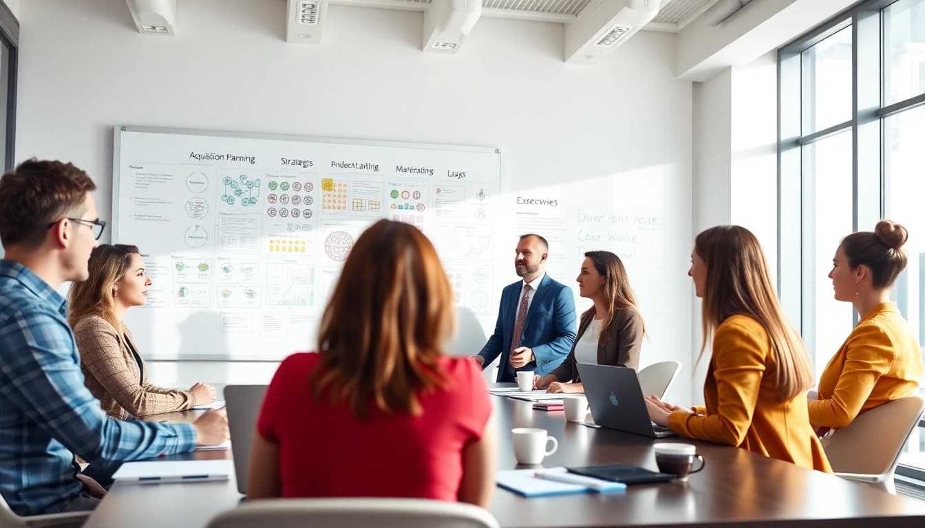 Collaborative brainstorming session on Acquisition Planning/Strategy Capture Management in a modern conference room.