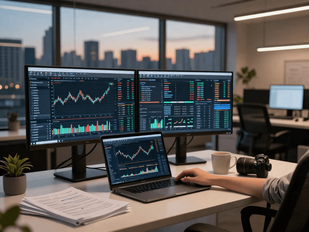 German algo trading stock API utilized by a data scientist in a modern workspace analyzing real-time market trends with sophisticated trading tools.