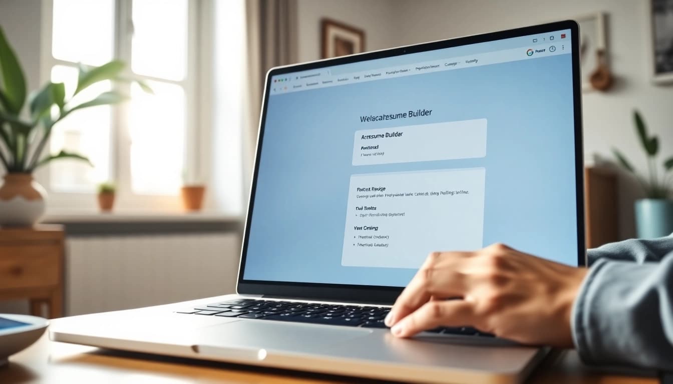 Crafting resumes using a Resume Builder displayed on a laptop in a bright home office.