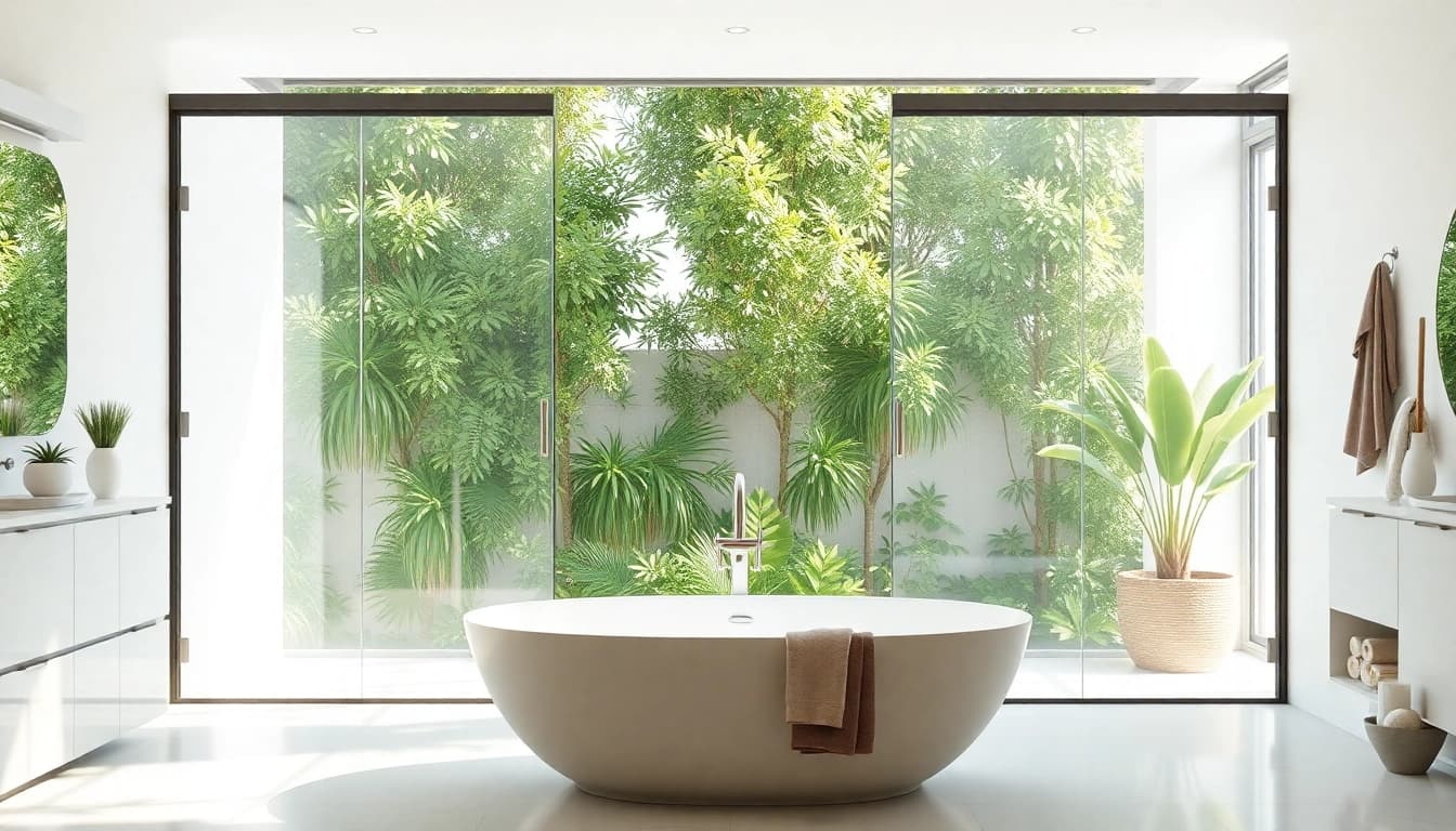 View of modern sunney shower doors in a bright, elegant bathroom with soft decorative elements.