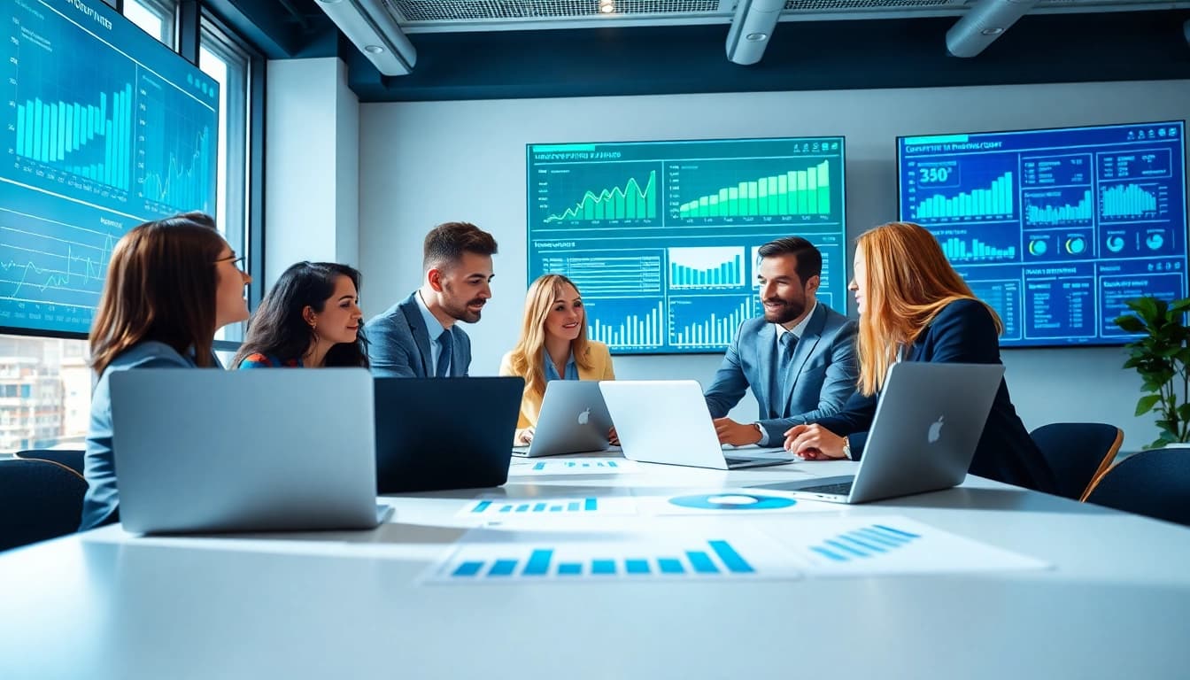 Analyze competitive intelligence strategies with a diverse business team in a modern office.