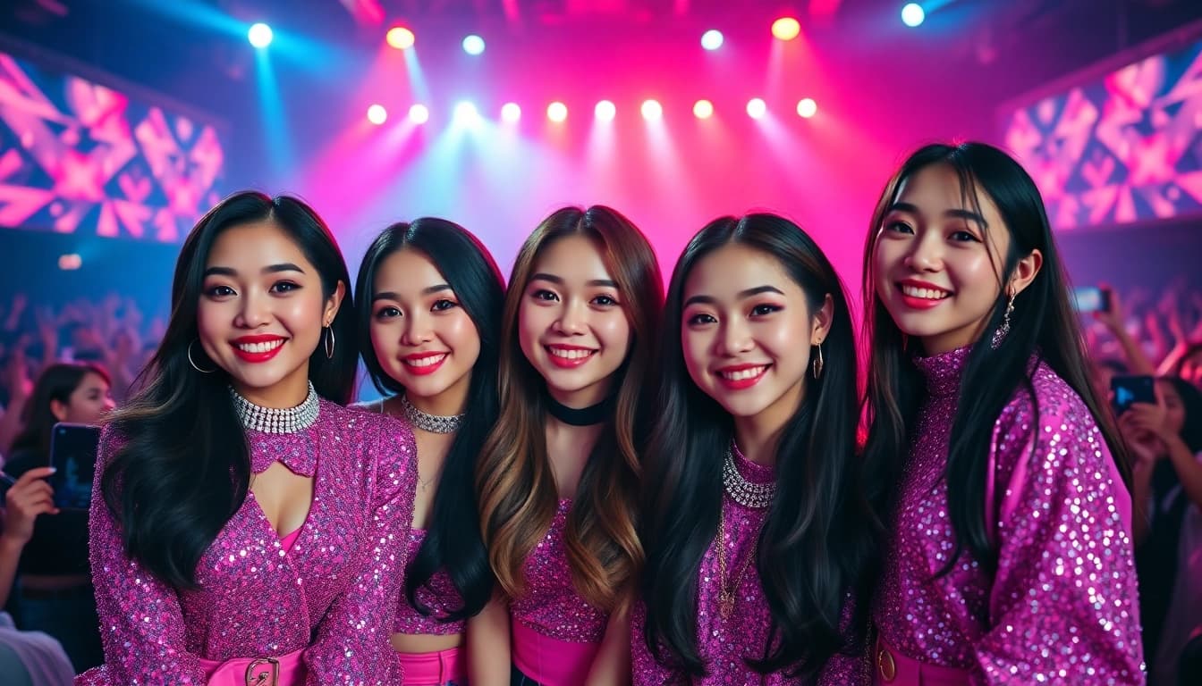 Blackpink members Jisoo, Jennie, Rosé, and Lisa smiling powerfully together on stage.