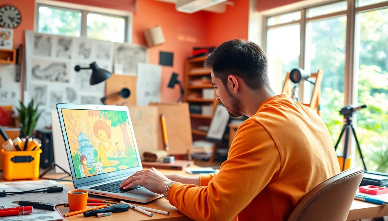 2D Animation artist creating a vibrant scene in a colorful studio environment.