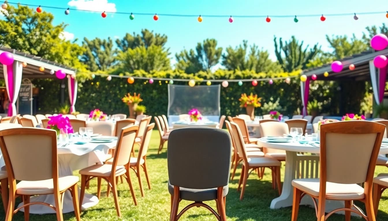 Showcase of diverse chair rentals set up for a vibrant outdoor event.