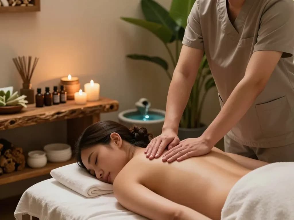 부전동마사지 therapy session in a calming spa with essential oils and tranquil ambiance.