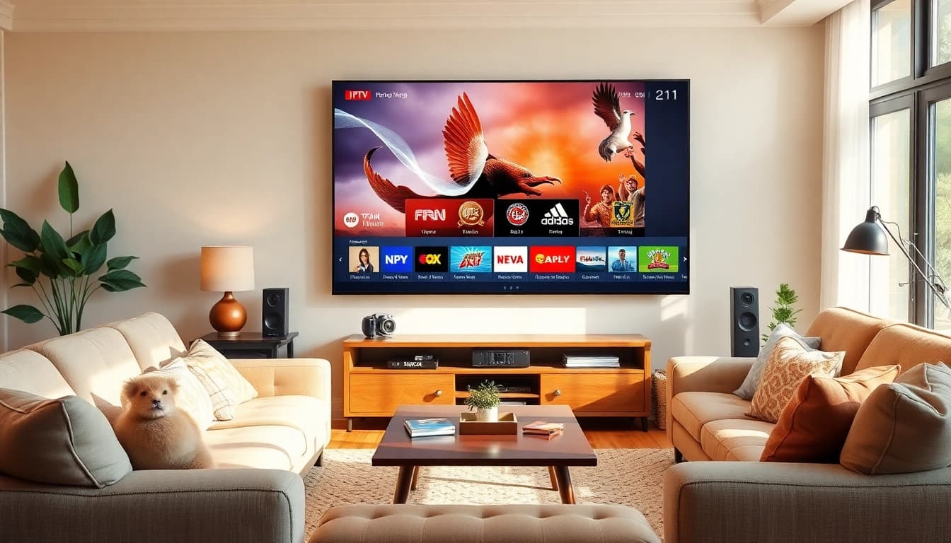 Engaging living room with IPTV Suisse channels displayed on a modern TV, showcasing diverse content.