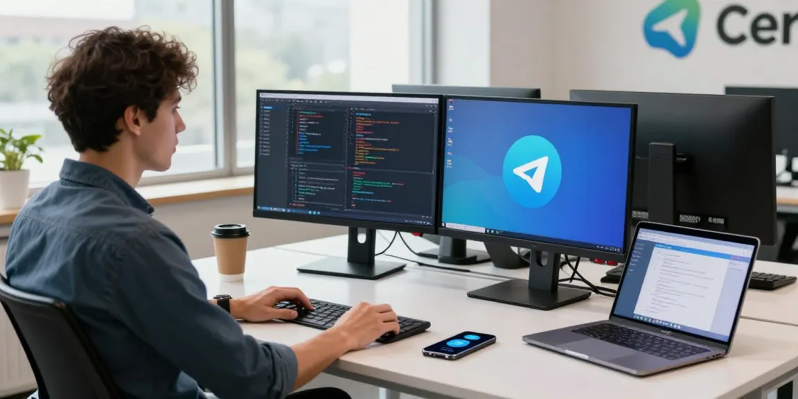 Professional workspace showcasing Telegram中文 app interface development in a modern office setting.