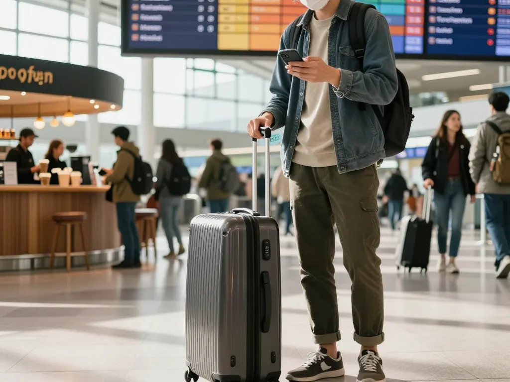 Travel preparation scene at London City Airport from Halifa, featuring a traveler checking their mobile boarding pass.