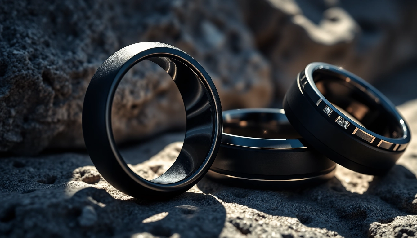 Showcase beautiful Black Wedding Rings for Men with intricate designs in natural light.