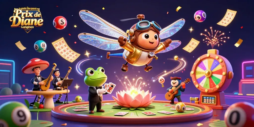 Engage with le guide des paris du Prix de Diane Longines, featuring vibrant elements from a lily pad casino scene with dynamic visuals.