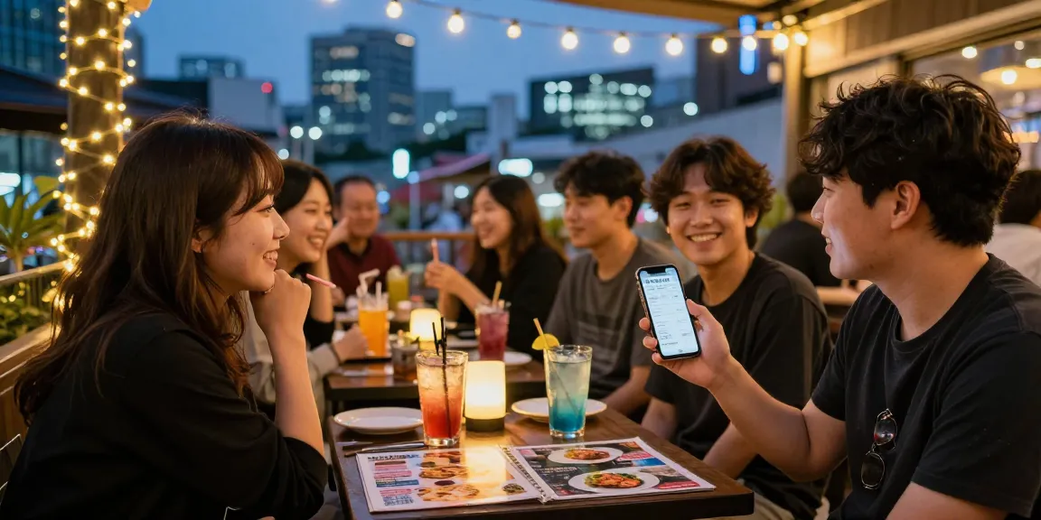 Engaging night out scene highlighting 상봉동 한국관나이트 with friends enjoying cocktails and Korean cuisine.