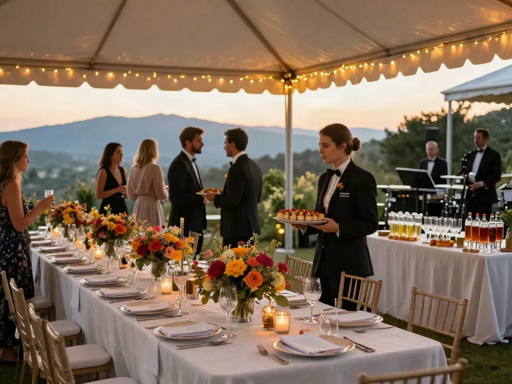 Event rentals featuring an elegant outdoor banquet setup with premium decor, twinkling lights, and guests enjoying a sunset.