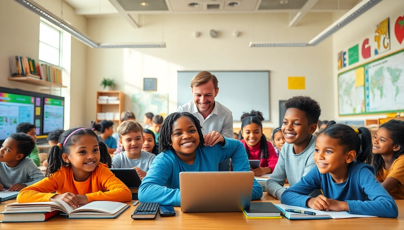 Education-focused classroom scene showcasing diverse students engaging in collaborative learning.