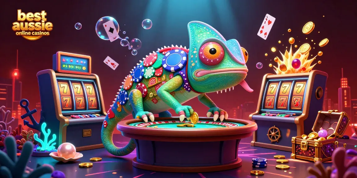 Engaging scene illustrating the best aussie online casinos with a colorful chameleon casino owner surrounded by slot machines.