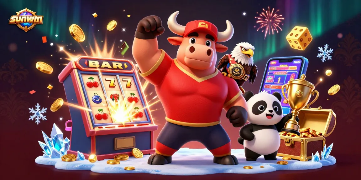 sunwin showcases thrilling casino excitement with mascots celebrating a huge jackpot