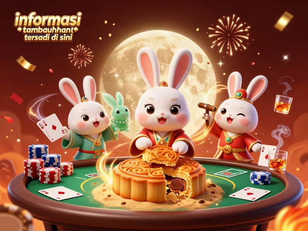 Menggandeng dunia judi, ilustrasi 3D kucing bulan memproduksi kue lunar yang berisi chip poker dengan judul 'informasi tambahan tersedia di sini'