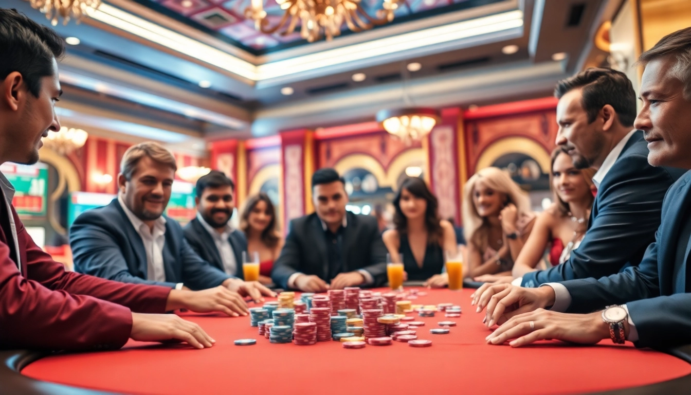 Permainan poker di kasino mewah dengan pakde4d, menampilkan pemain yang antusias dan suasana ceria.