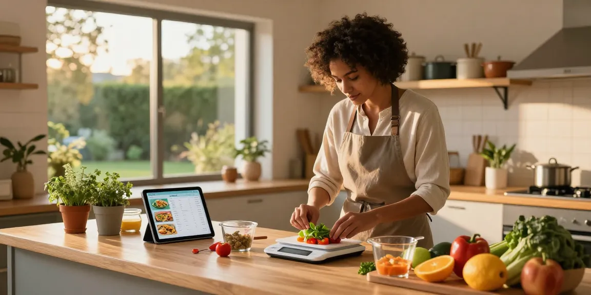 Home cook weighing ingredients for a healthy meal using the best food tracking app in a cozy kitchen.