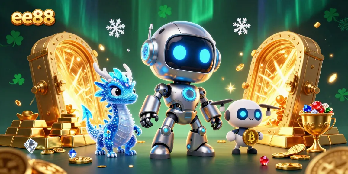 Experience thrilling gameplay at ee88 with a futuristic cyberpunk robot and AI dragon in a vibrant casino setting.