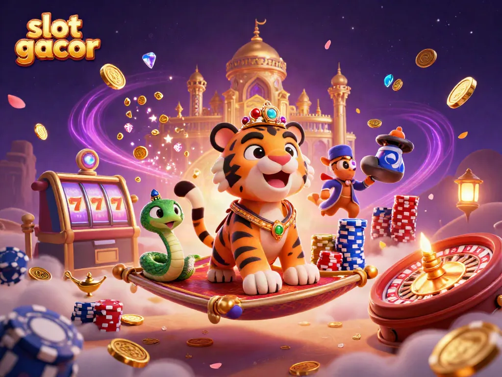 Slot gacor menampilkan sultan harimau dari malam Arab dengan simbol permainan kasino mengelilinginya.