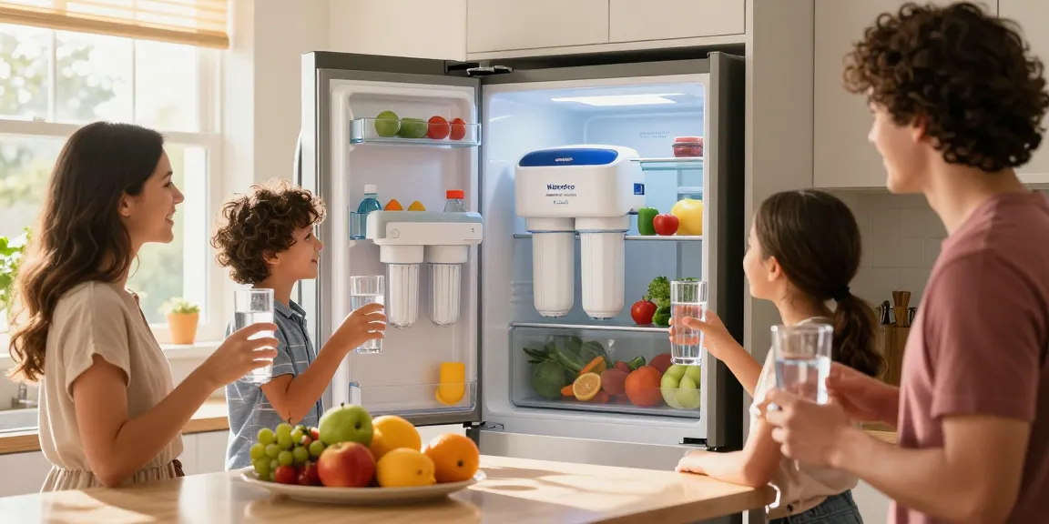 Family installing Waterdrop EDR3RXD1 Replacement for Everydrop® Filter 3 in a cheerful kitchen.