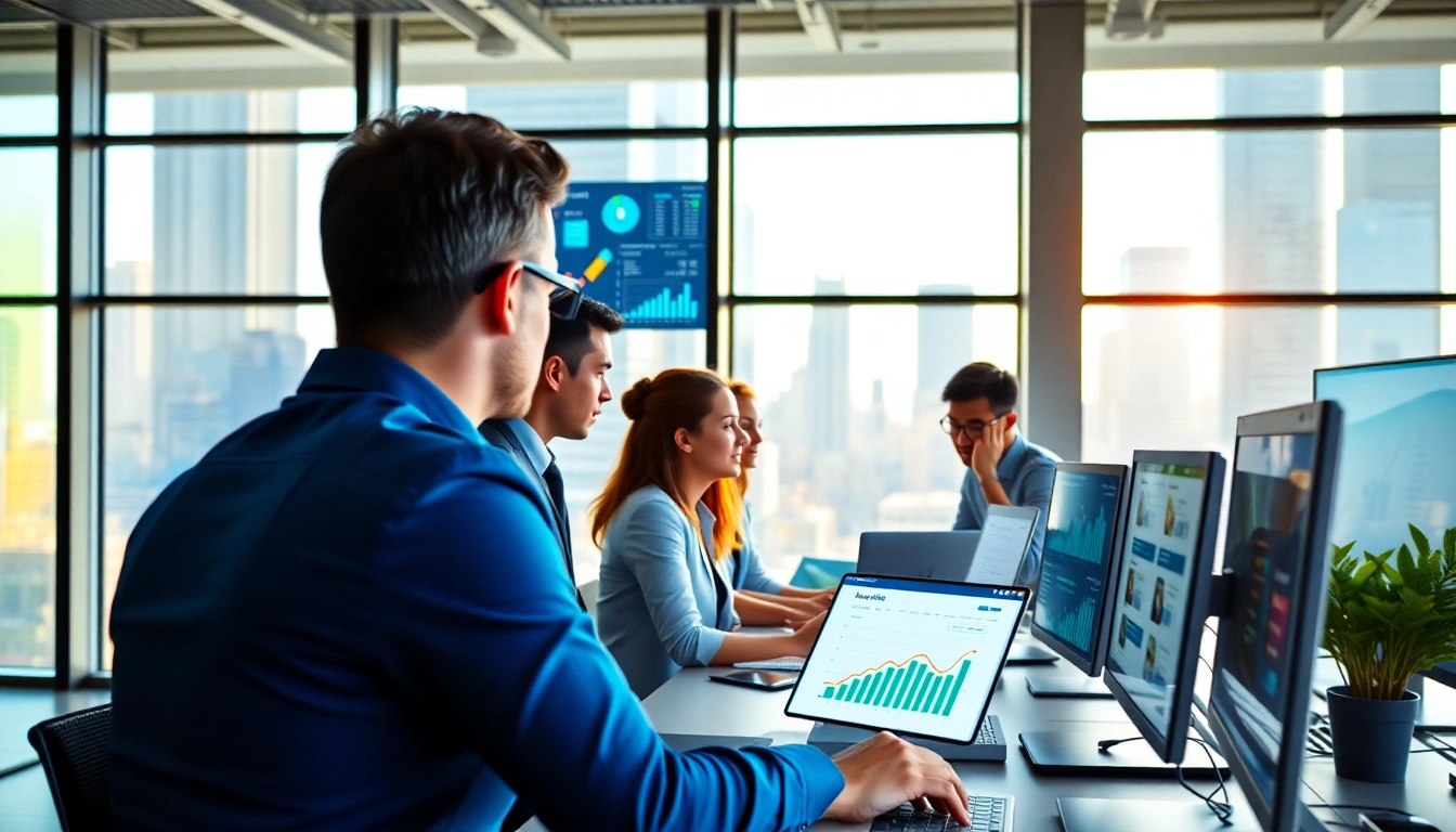 Analyze Google Ads Edmonton strategies with a professional team in a dynamic office environment.