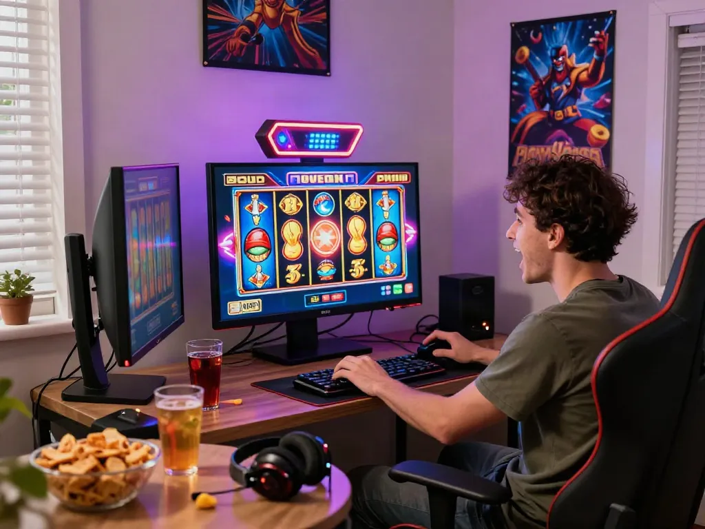 Exciting online gaming scene featuring a player celebrating a slot gacor maxwin win in a vibrant home setup.