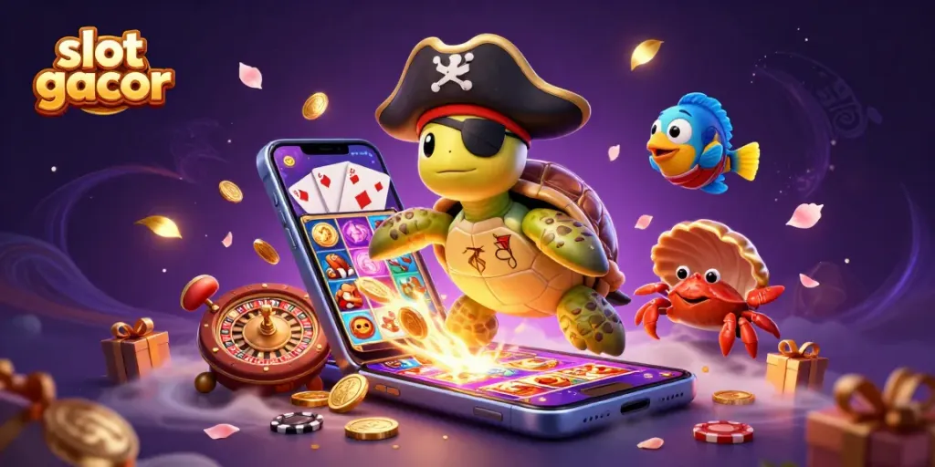 Spin to win with slot gacor magic featuring a pirate turtle and treasures!