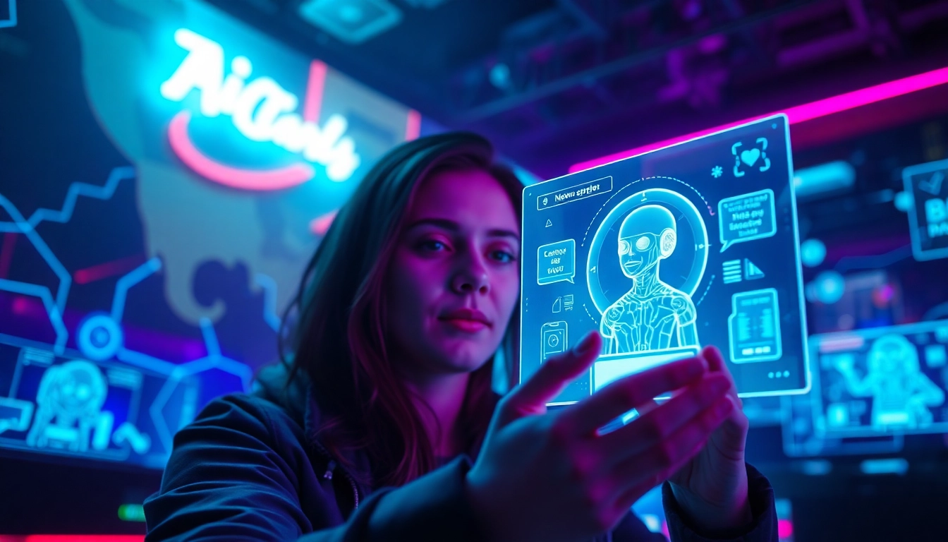 Engaging with an nsfw ai chatbot in a vibrant, futuristic landscape.