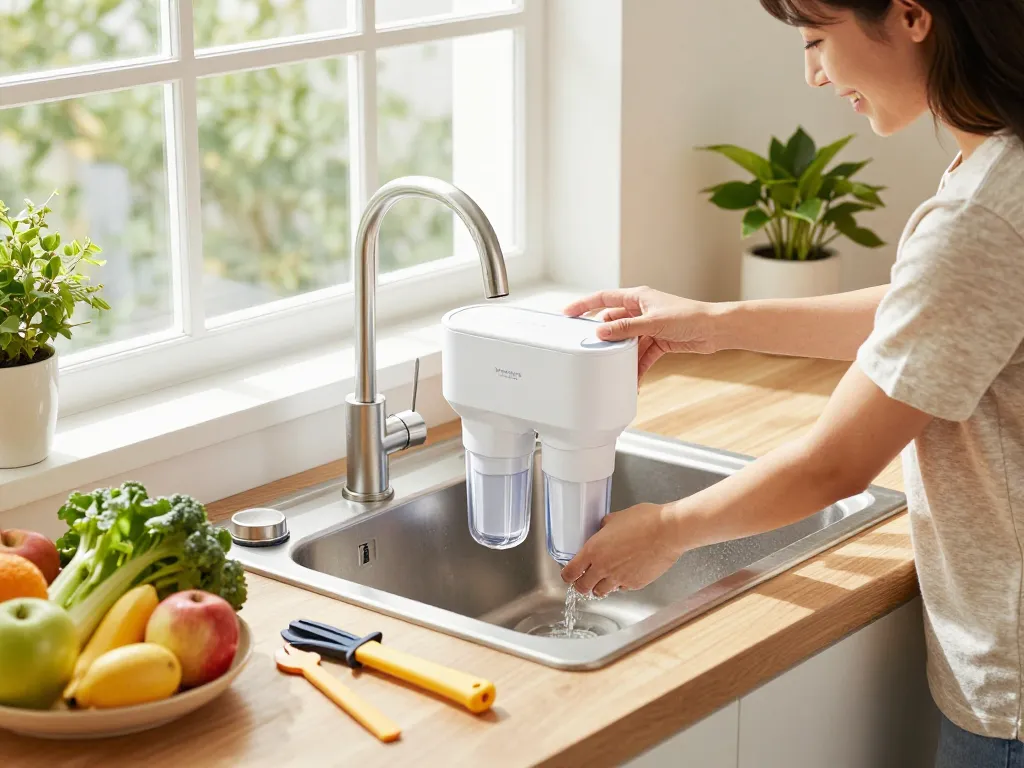 Person installing Waterdrop UKF8001 Refrigerator Water Filter 4 in a bright kitchen, emphasizing clean water and vibrant health.