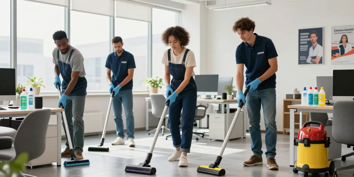 Reinigungsfirma bei der Arbeit in modernem Büro mit professionellem Team und umweltfreundlichen Reinigungsmitteln.