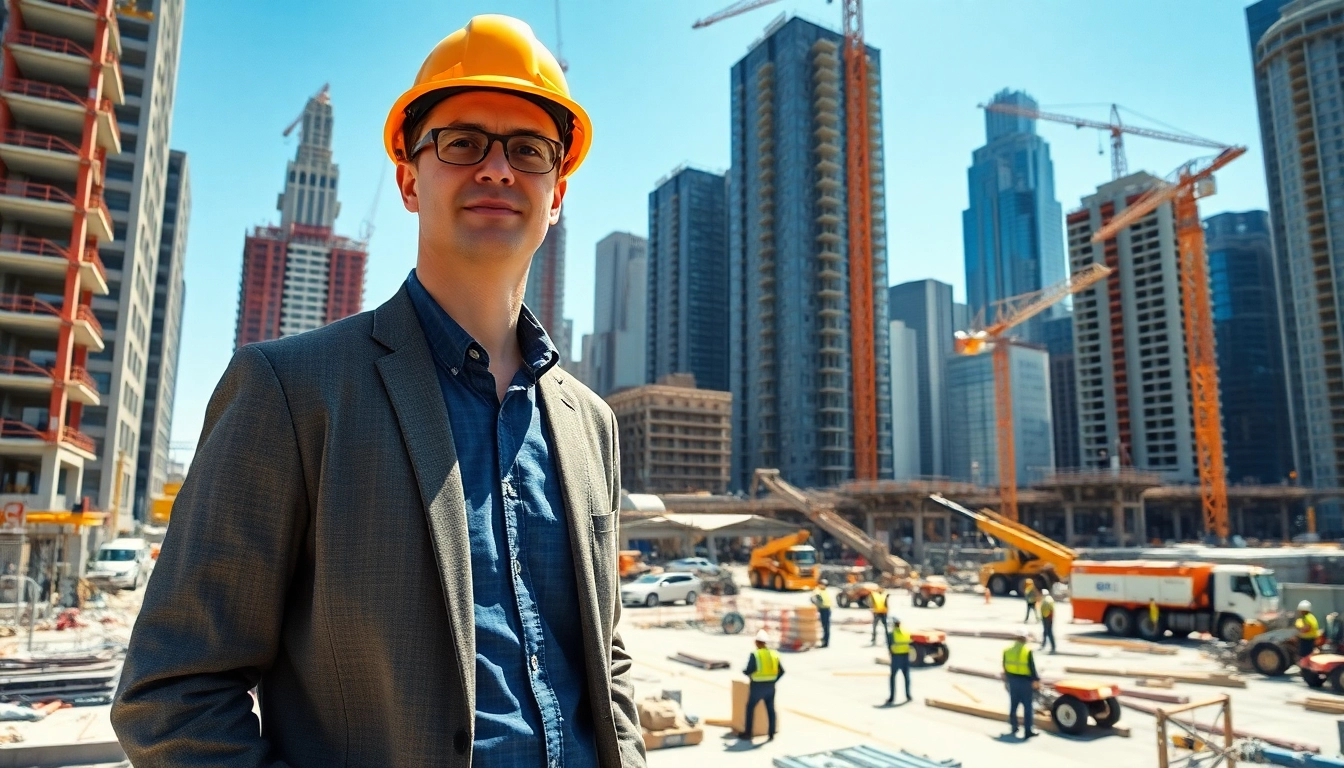 New York Construction Manager overseeing a vibrant construction site with multiple cranes and workers.