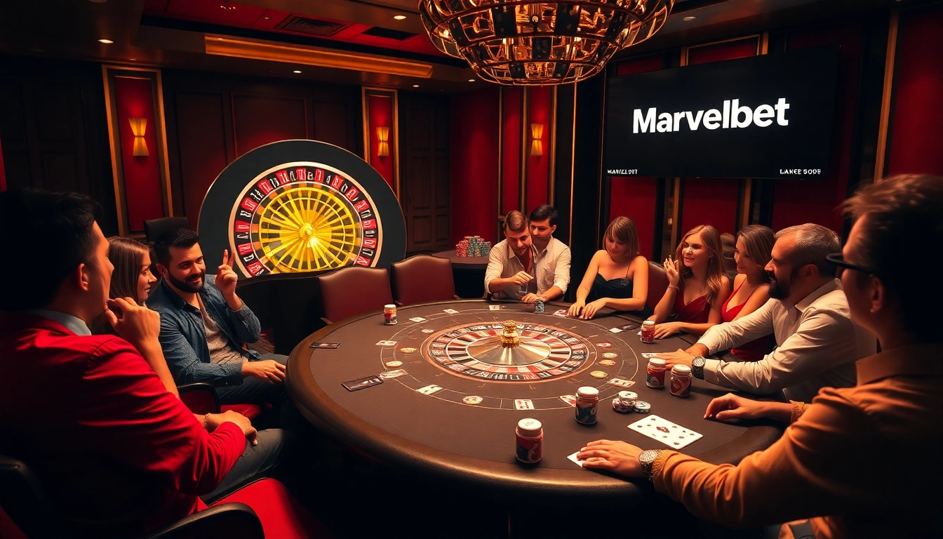 Marvelbet's vibrant poker table with colorful chips and a spinning Roulette wheel creates an exciting gaming atmosphere.