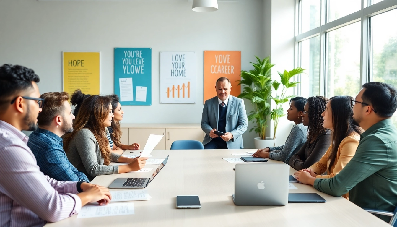 Job Help mentor guiding diverse job seekers in a professional office setting.