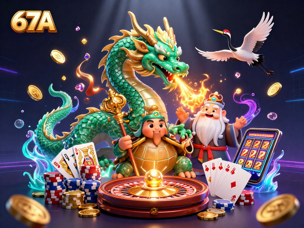 Viciante ilustração 3D mostrando o dragão jade 67A com moedas brilhantes, promovendo emoção em cassinos.