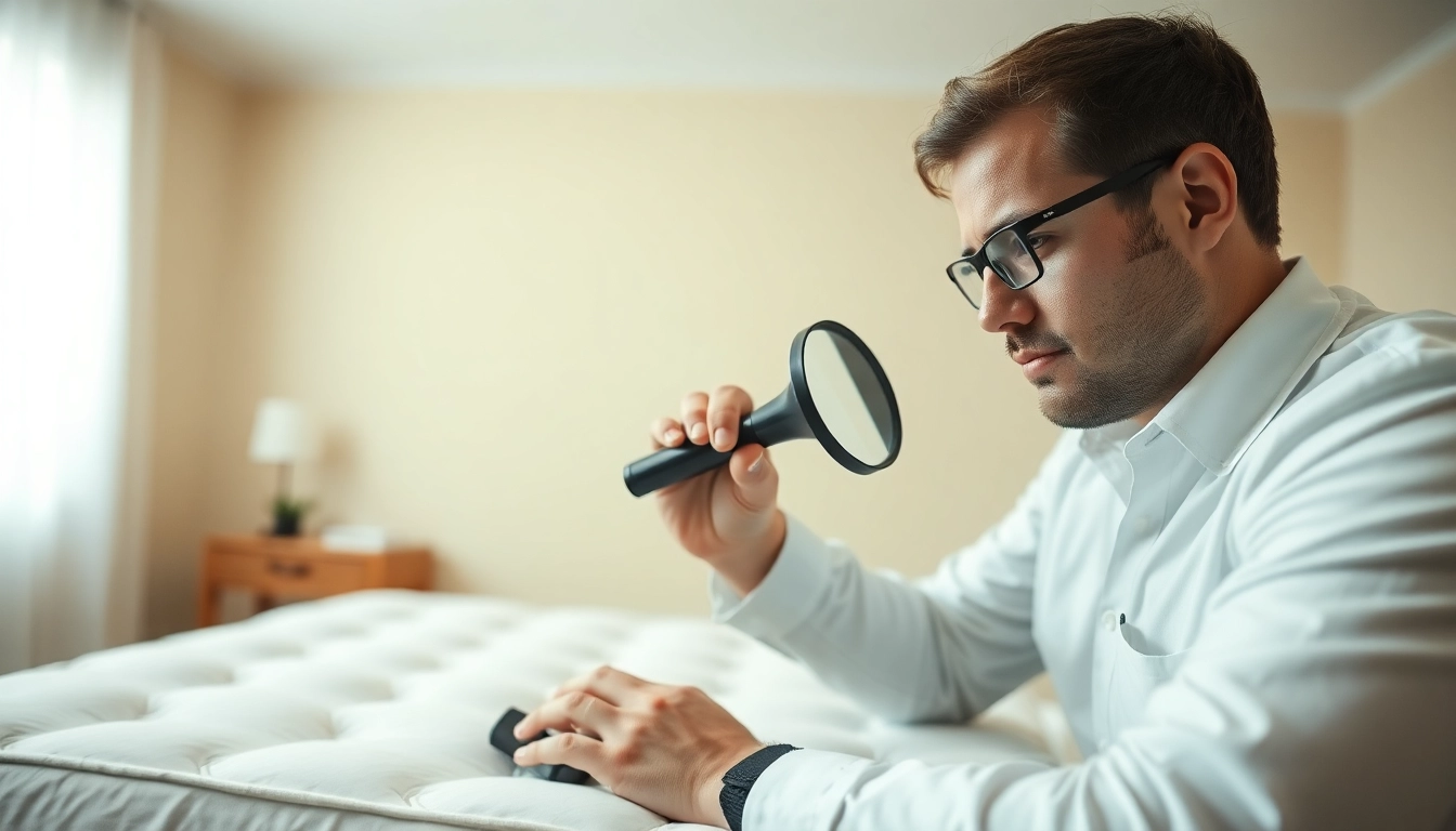 Treat bed bugs effectively with affordable bed bug treatment, featuring a pest control technician examining a bedroom.