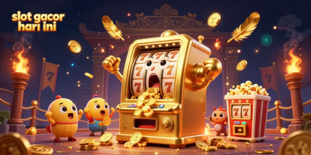 Experience the thrill of slot gacor hari ini as a golden slot machine hits a jackpot, showering coins while others cheer.