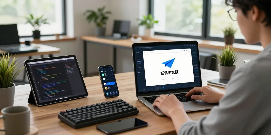 Professional workspace showcasing 纸飞机中文版 app on laptop amidst modern tech gadgets