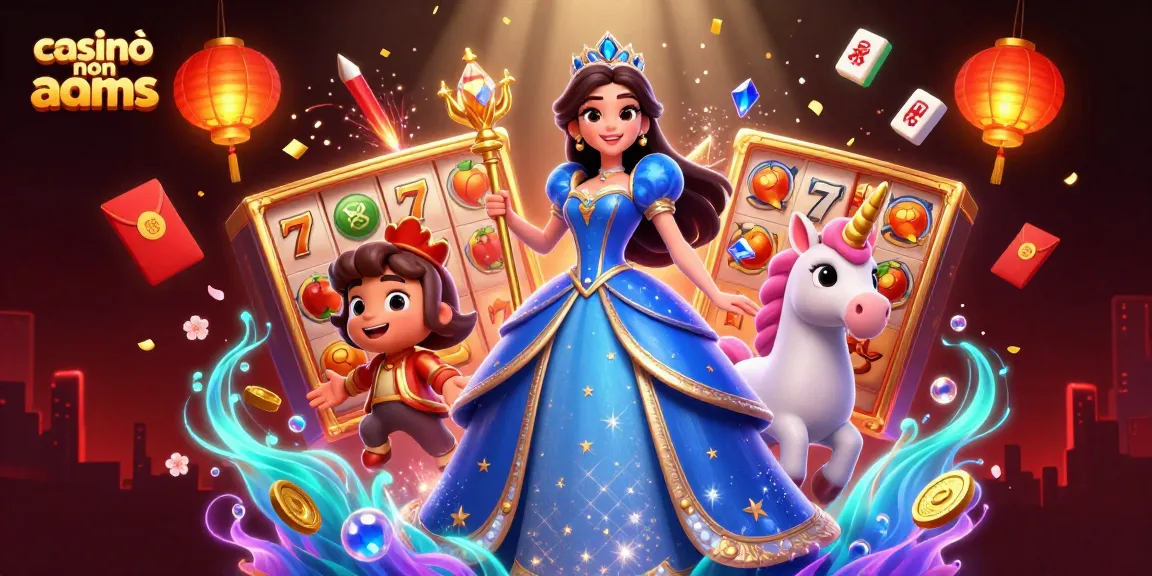 Casinò non AAMS mette in evidenza una donna straordinaria in un abito blu reale con un unicorno, mostrando slot vibranti ed elementi da casinò.