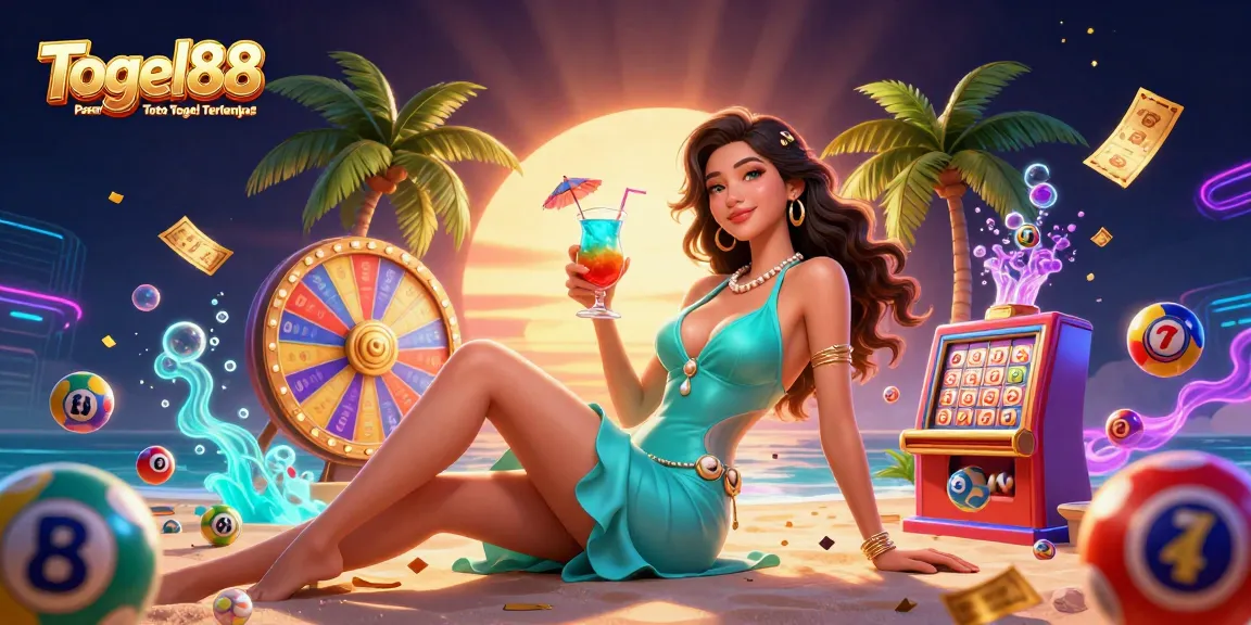 Togel88 Pasaran Toto Togel Terlengkap features a glamorous woman with a tropical cocktail amidst colorful lottery elements, creating a vibrant casino atmosphere.