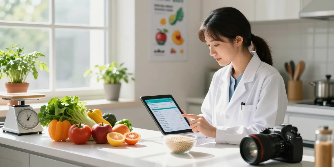 Nutritionist analyzing best food tracker app data in a bright kitchen.