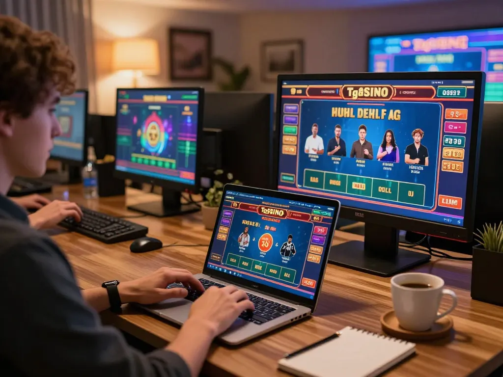 Engaging player using tg88 online casino interface on laptop at home, warm ambiance enhancing gaming experience.