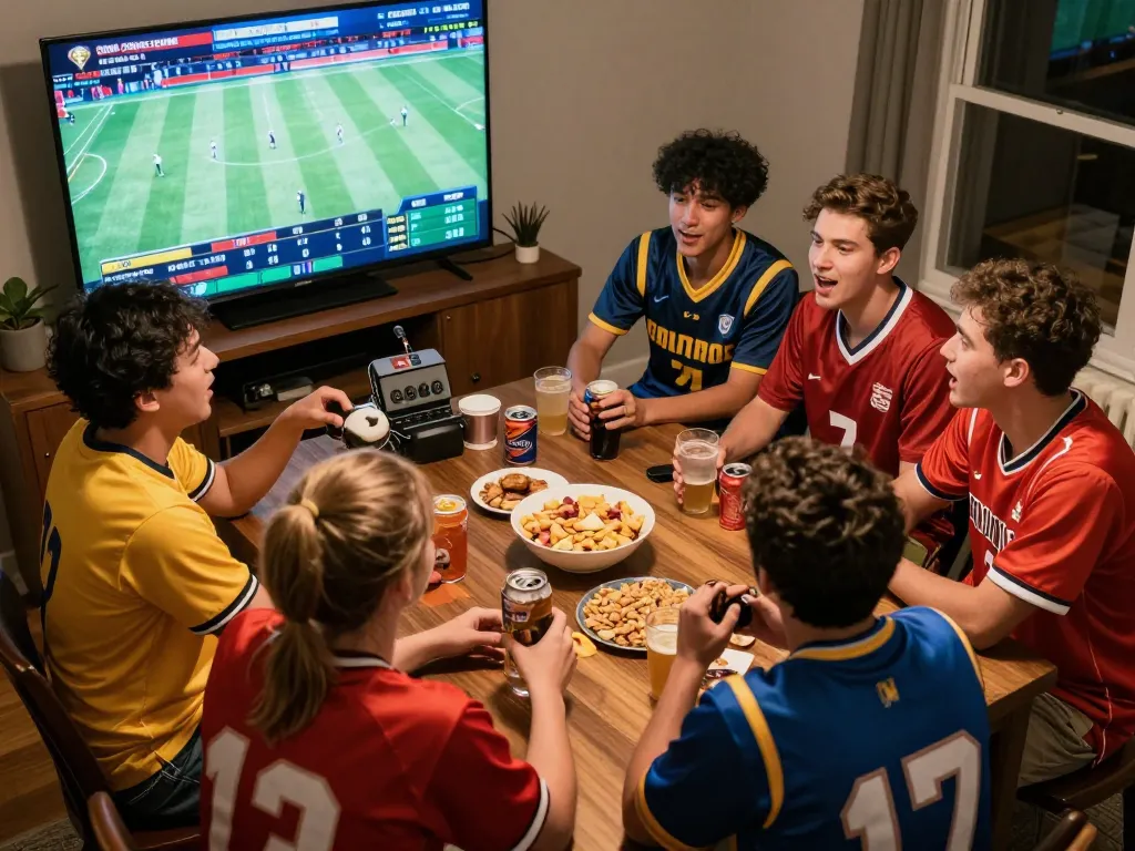 W 88 home sports betting scene with friends enthusiastically placing bets on live events.