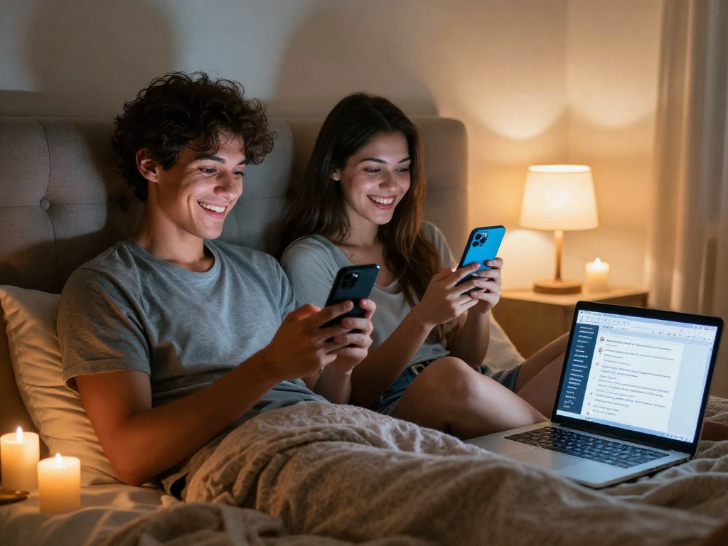 Couple enjoying sexting ai in a cozy bedroom, engaged in romantic messaging.