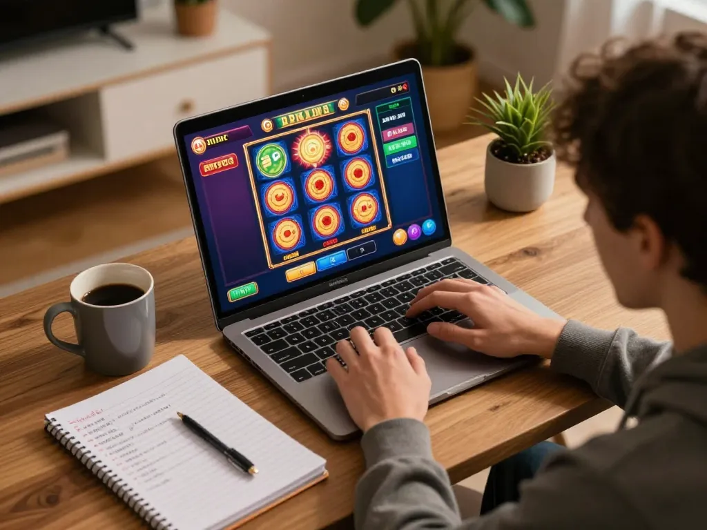 Player engages with agenslot188 online slots while strategizing with notes in a cozy home setting